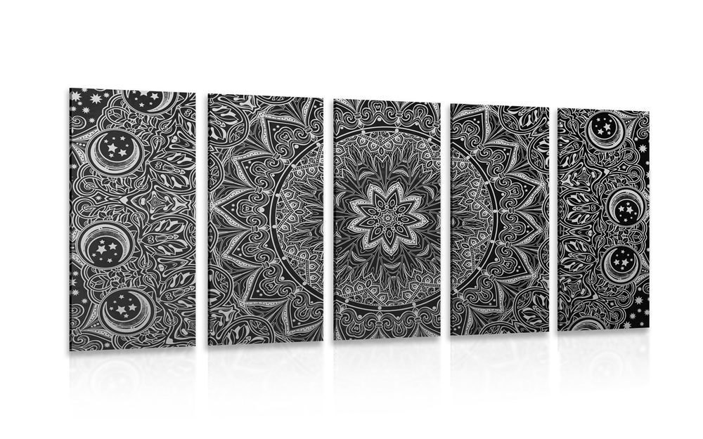 5-részes kép keleti Mandala fekete fehérben