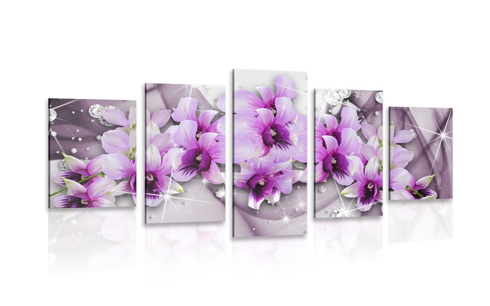 5 részes kép lila virágok absztrak háttérrel