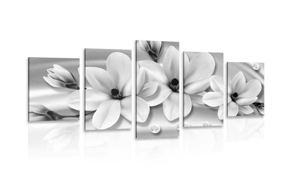 5-részes kép luxus magnólia fekete fehérben