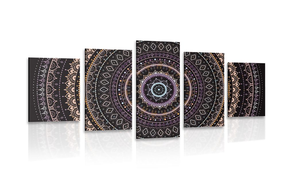 5 részes kép Mandala nap mintával lila árnyalatban