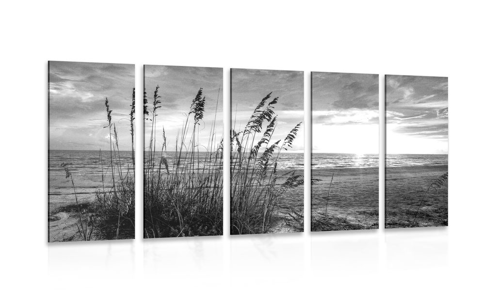5-részes kép naplemente tengerparton fekete fehérben