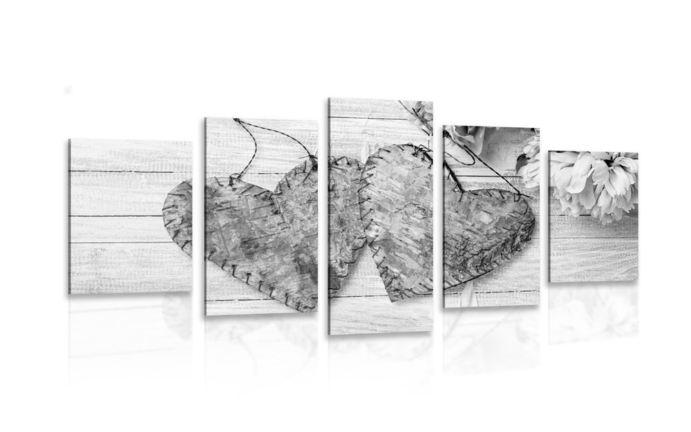 5-részes kép nyírfa szívek fekete fehérben