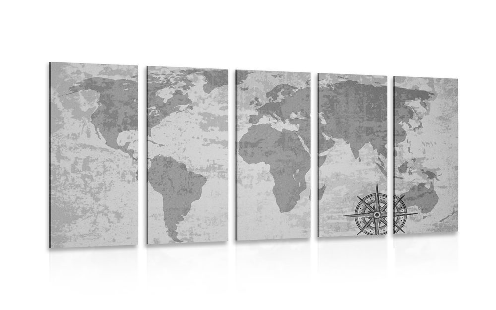 5-részes kép régi világtérkép fekete fehérben