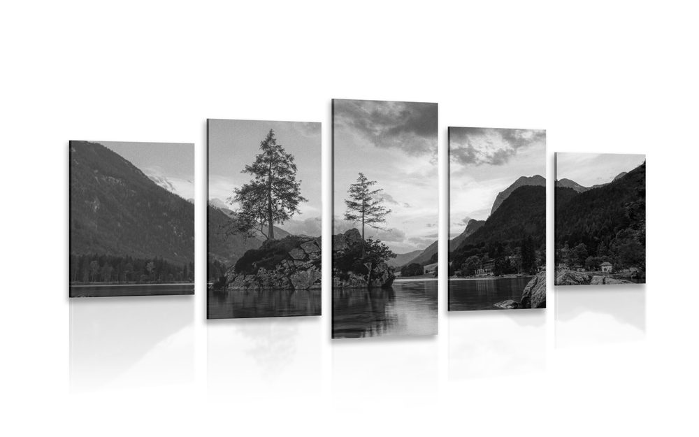 5 részes kép táj a tó mellet fekete fehérben