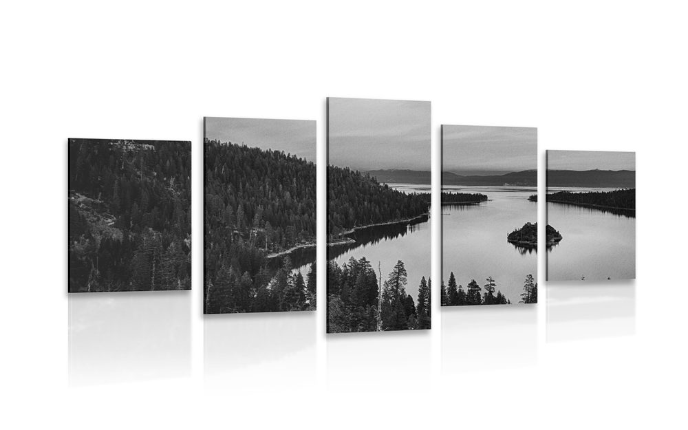 5 részes kép tó naplmenténél fekete fehérben