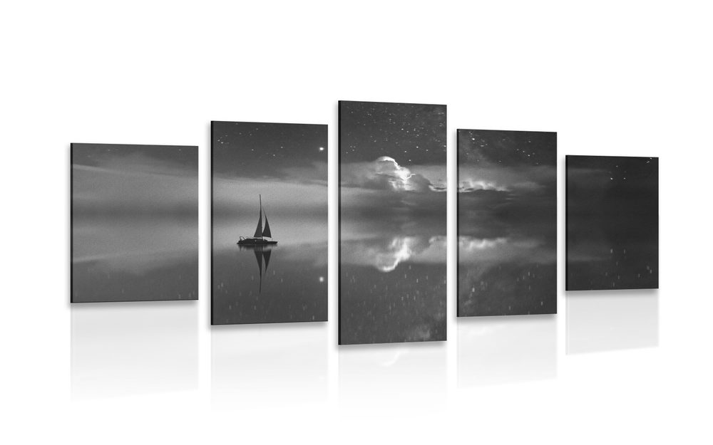 5 részes kép vitorlás hajó a tengeren fekete fehérben