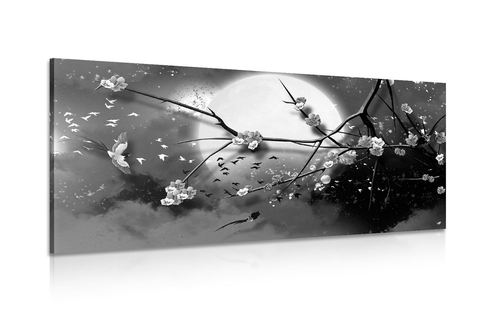 Kép fa ág teliholdban fekete fehérben