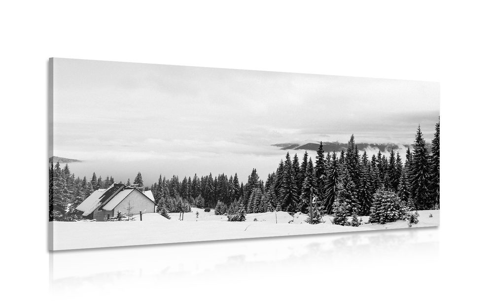 Kép faház fekete-fehér hóval borított fenyők mellett fekete fehérben