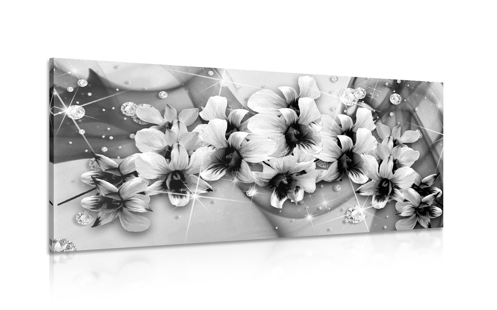 Kép fekete fehér virágok absztrakt háttérrel