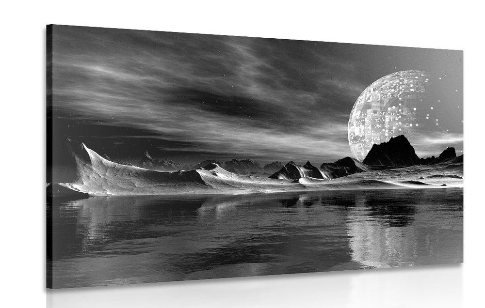 Kép futurisztikus táj fekete fehérben