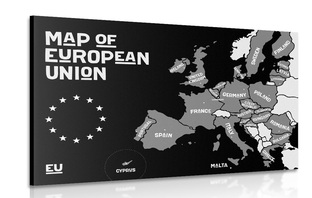 Kép oktatási térkép az  Európai Unió országainak nevével feket fehérben