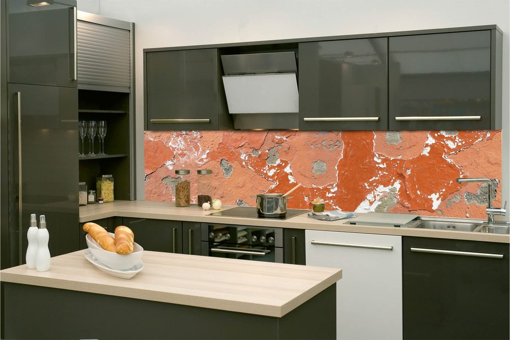 Öntapadó fotótapéta egy narancssárga repedezett fal a konyhába