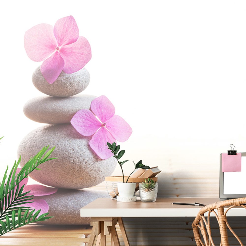 Öntapadó fotótapéta kőegyensúly és rózsaszín keleti virágok