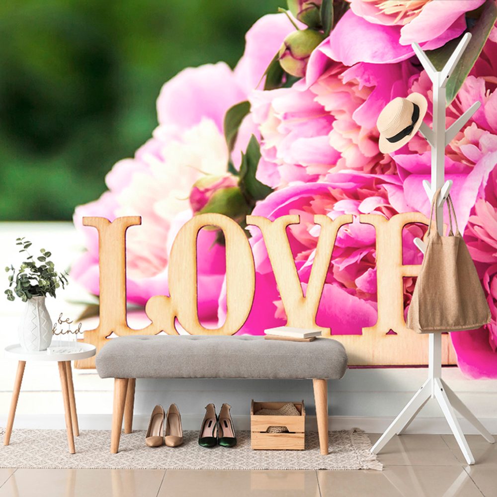 Öntapadó fotótapéta pünkösdi rózsa a Love felirattal