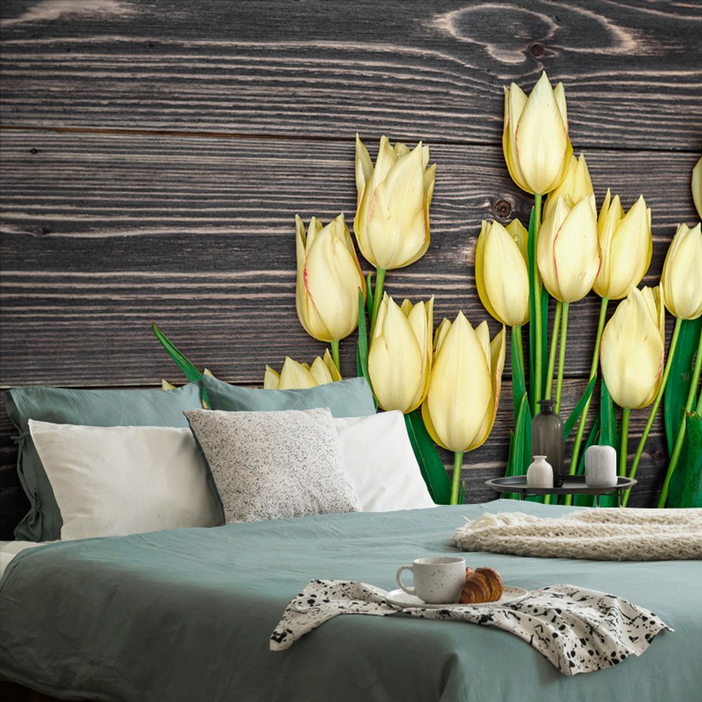Öntapadó fotótapéta sárga tulipán fa háttéren