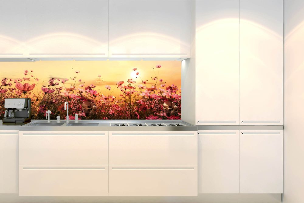 Öntapadó konyha fotótapéta virágok a naplementében