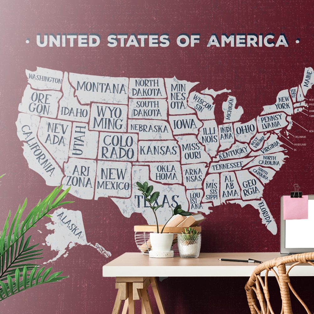 Öntapadó tapéta az USA oktatási térképe bordó  háttéren