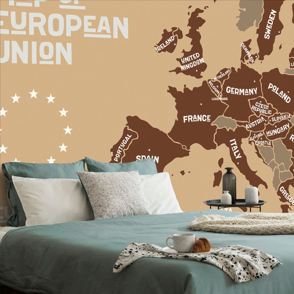 Öntapadó tapéta oktatási térkép az Európai Unió országainak nevével barna árnyalatban