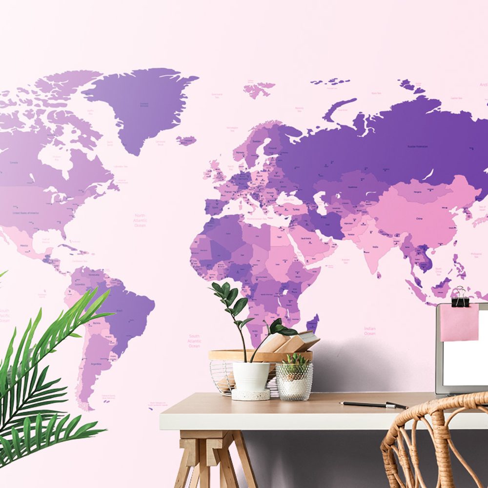 Öntapadó tapéta részletes világtérkép lila színben