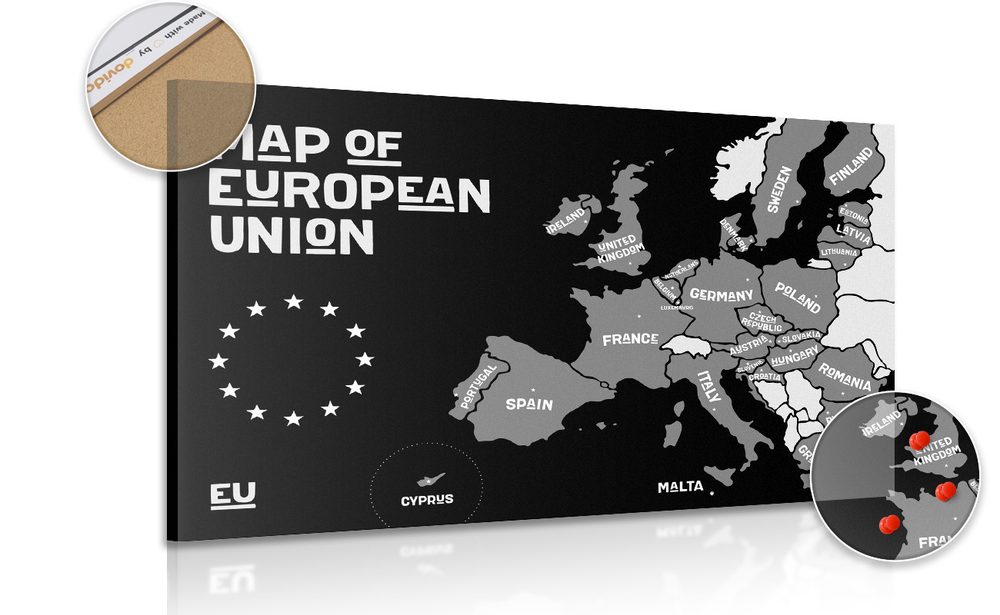 Parafa kép oktatási térkép, amelyen az Európai Unió országainak nevei vannak feltüntetve fekete fehérben