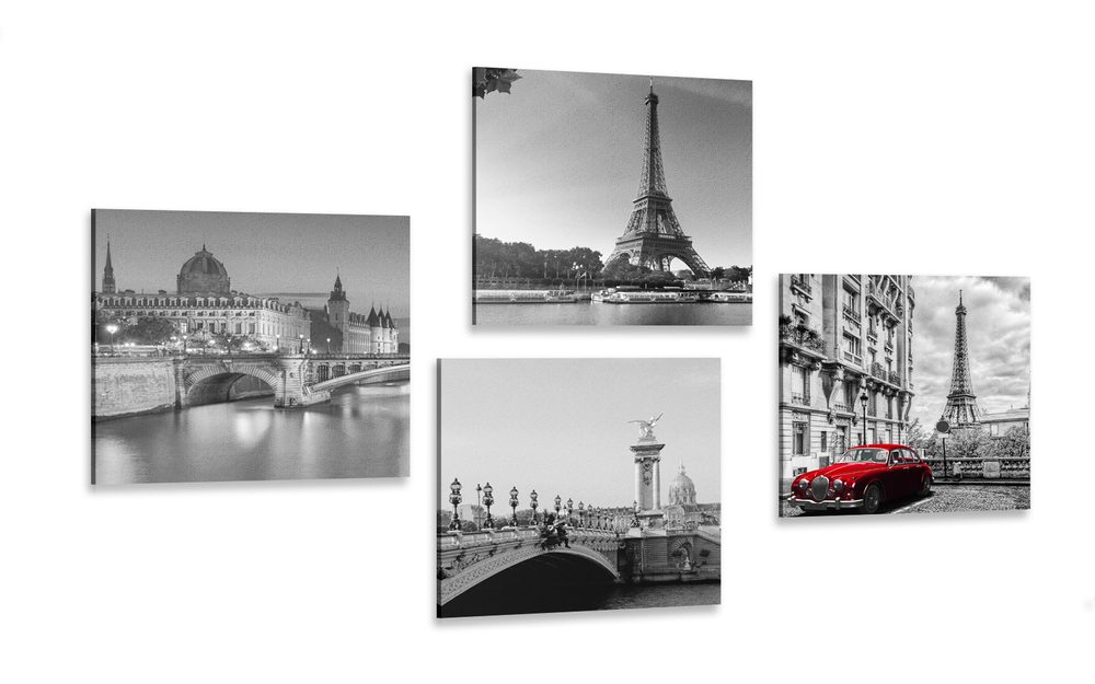 Képszett Párizs piros retro autóval