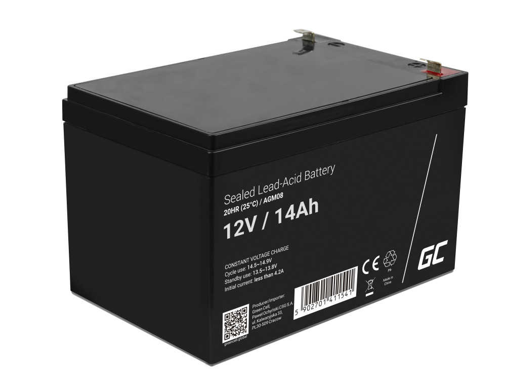 AGM VRLA gondozásmentes ólom akkumulátor / akku 12V 14Ah AGM08 elektromos járművekhez, pénztárgépekhez, játékokhoz