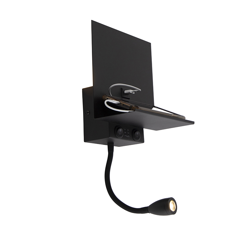 Modern fali lámpa fekete 2 fényes USB-vel és hajlékony karral - Flero