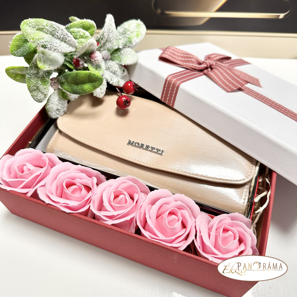 Ajándékcsomag illatos rózsák és Bőr pénztárca  - Moretti 