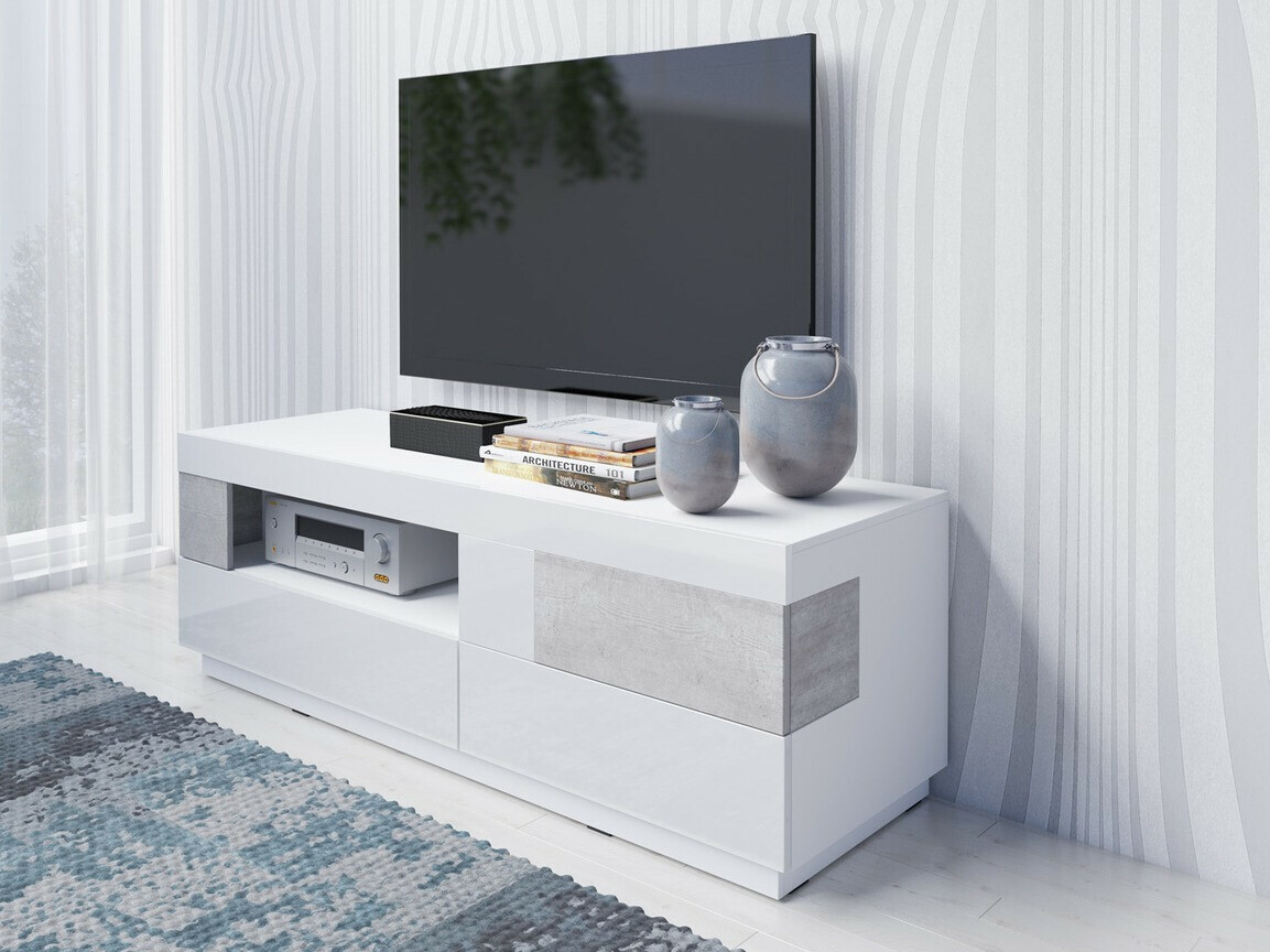 Tv asztal Austin 119 (Fehér + Fényes fehér + Beton)