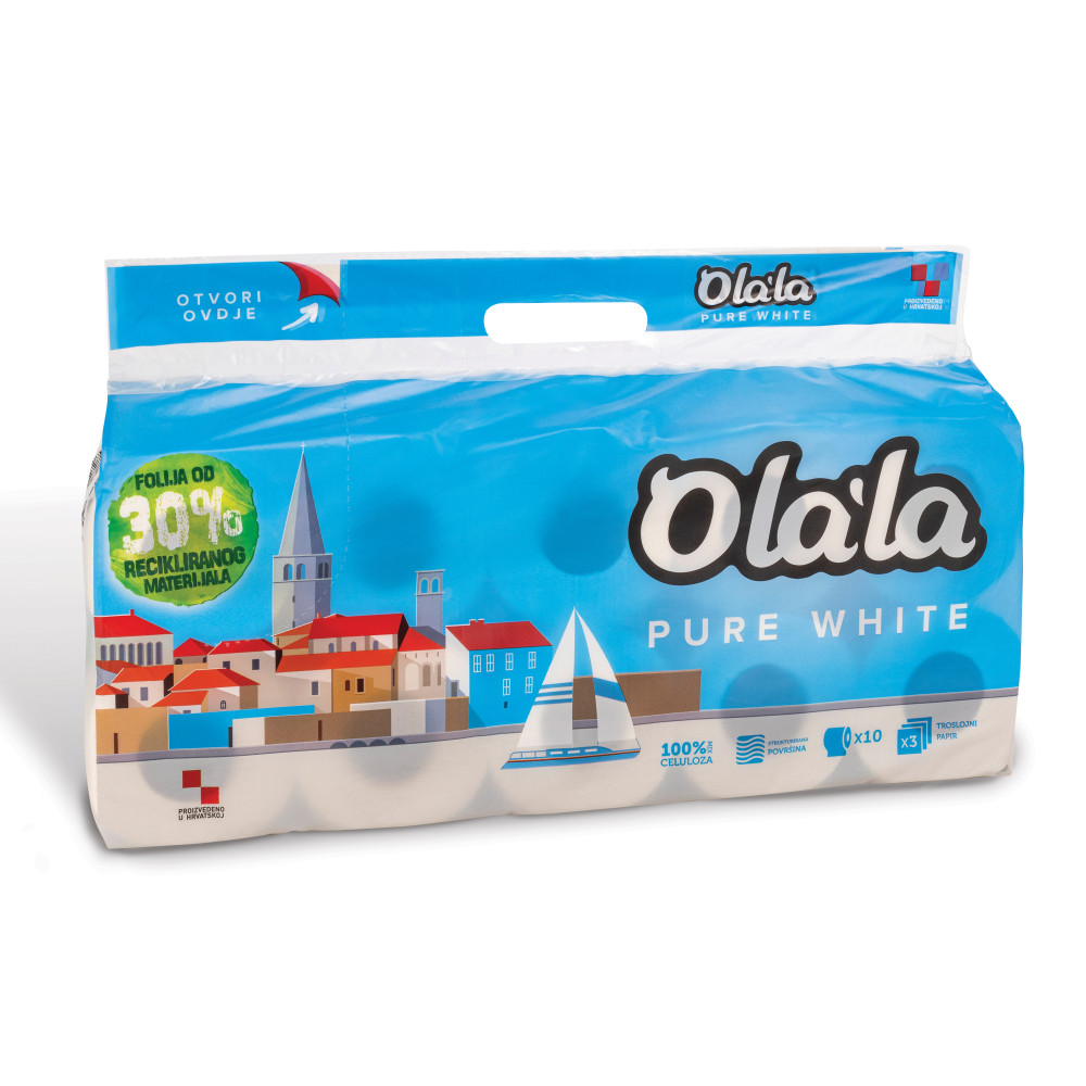 Olala Pure White kistekercses toalettpapír 3 rétegű fehér 10 tekercses, 8 csomag/zsák