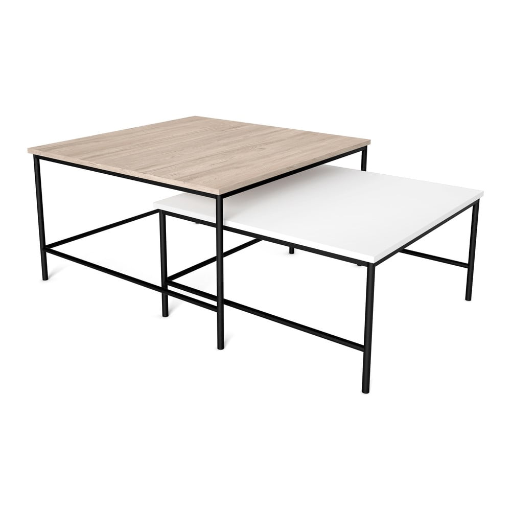 Fehér-natúr színű dohányzóasztal szett tölgyfa dekoros asztallappal 2 db-os 80x80 cm  Fiorenza – Marckeric