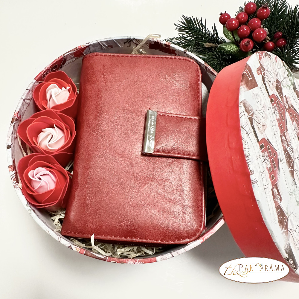 Női ajándékcsomag, bőr pénztárca  illatos szappanrózsával karácsonyi dobozban