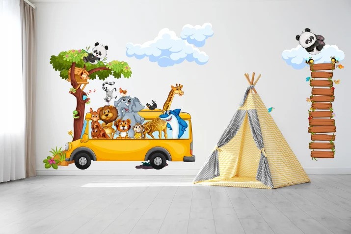 Falmatrica gyerekeknek boldog szafari állatok a buszon 120 x 240 cm