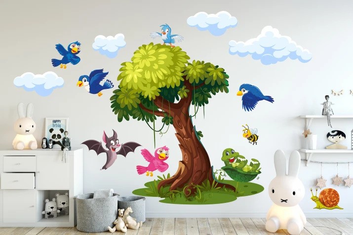 Falmatrica gyerekeknek fa és boldog madarak 150 x 300 cm