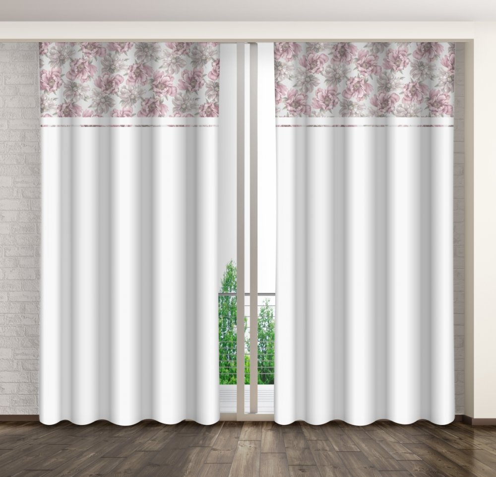 Fehér dekoratív függöny rózsaszín pünkösdi rózsaszínű mintával Szélesség: 160 cm | Hossz: 250 cm
