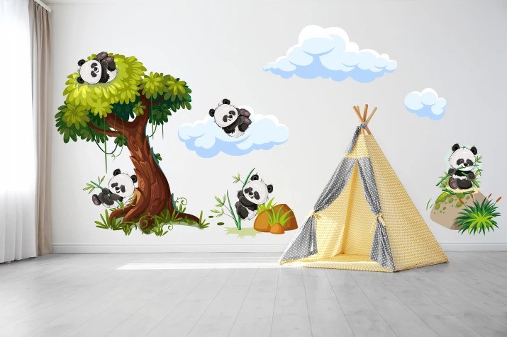 Gyerekeknek szóló falmatrica boldog pandák a fán 100 x 200 cm