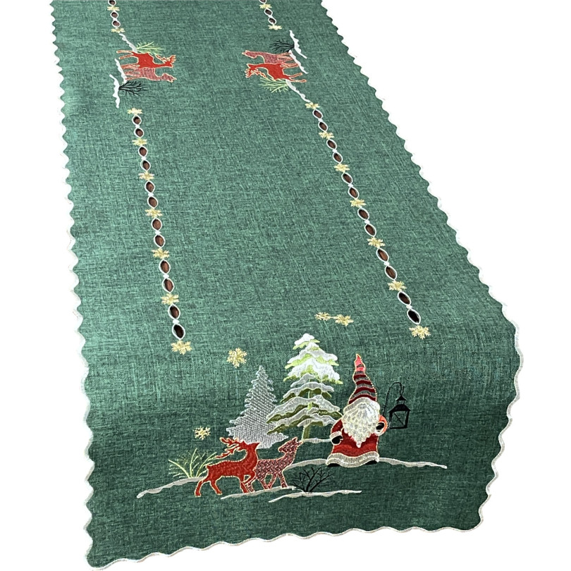 Karácsonyi zöld asztali futó hímzett manóval és rénszarvassal Szélesség: 40 cm | Hosszúság: 220 cm