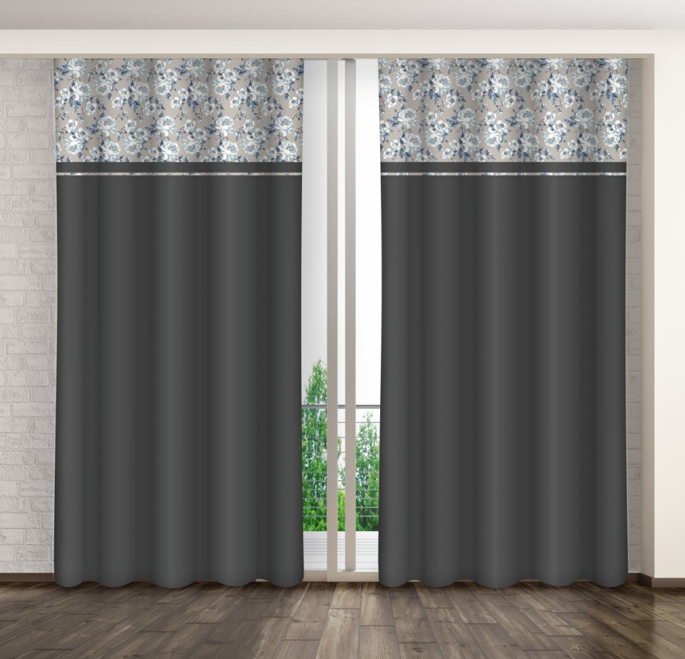Sötétszürke dekoratív függöny kék virágokkal nyomtatva Szélesség: 160 cm | Hossz: 270 cm