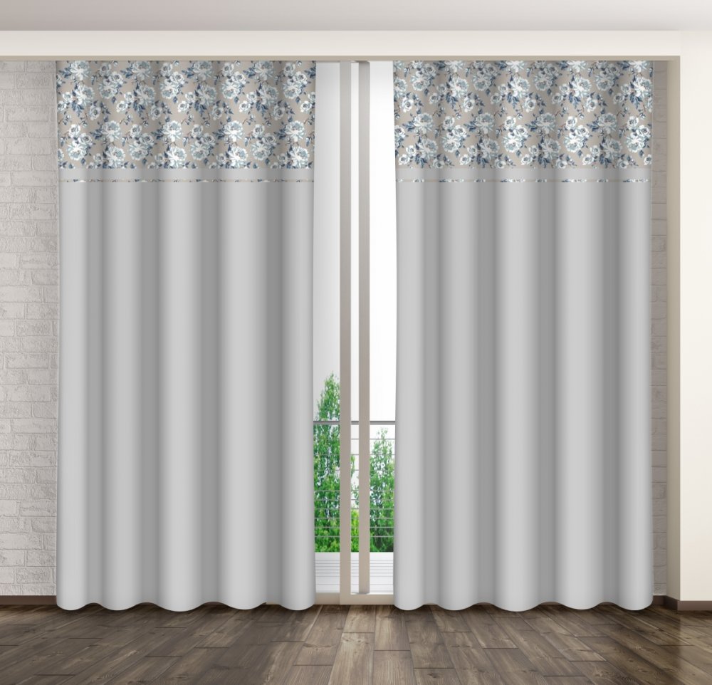 Világosszürke dekoratív függöny kék virágmintával Szélesség: 160 cm | Hossz: 250 cm