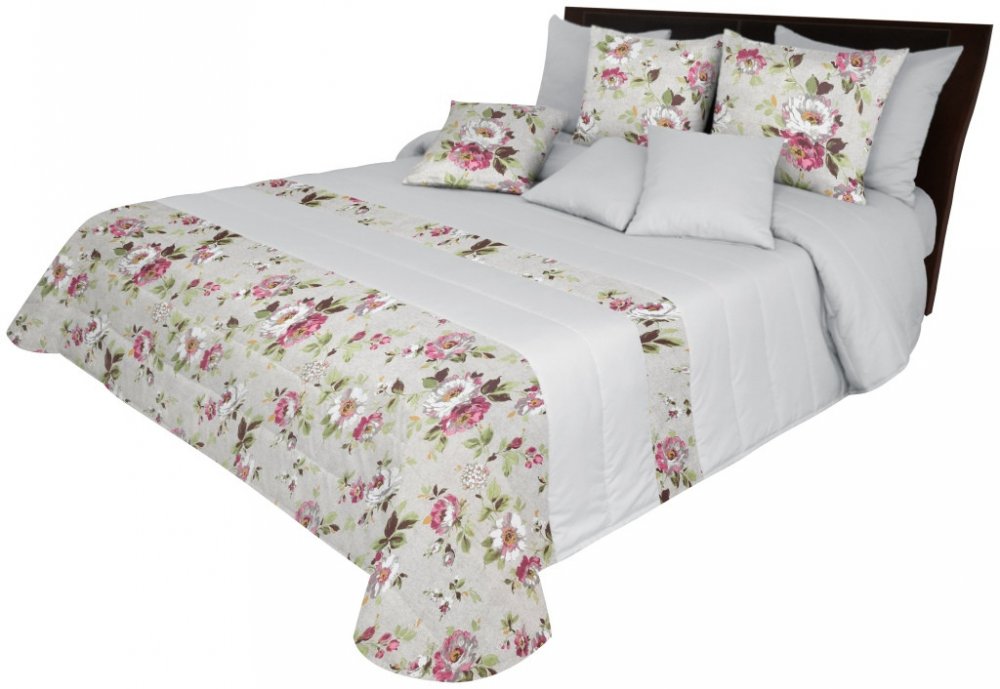 Világosszürke kétoldalas ágytakaró romantikus virágmintával Szélesség: 200 cm | Hossz: 220 cm
