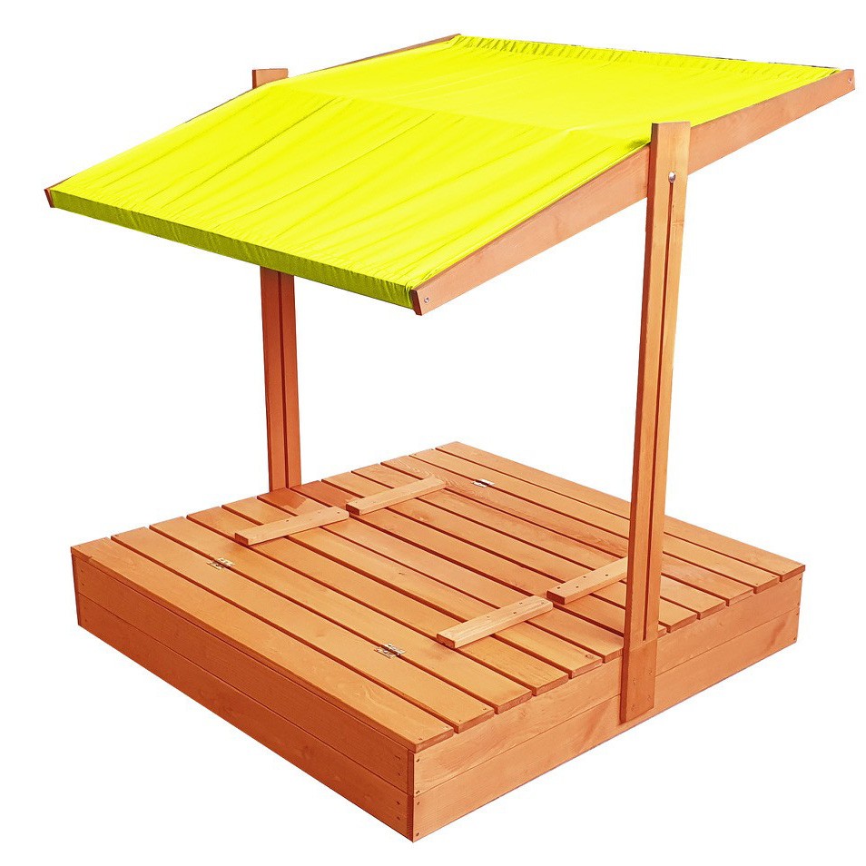 Zárható homokozó padokkal és sárga tetővel 120 x 120 cm