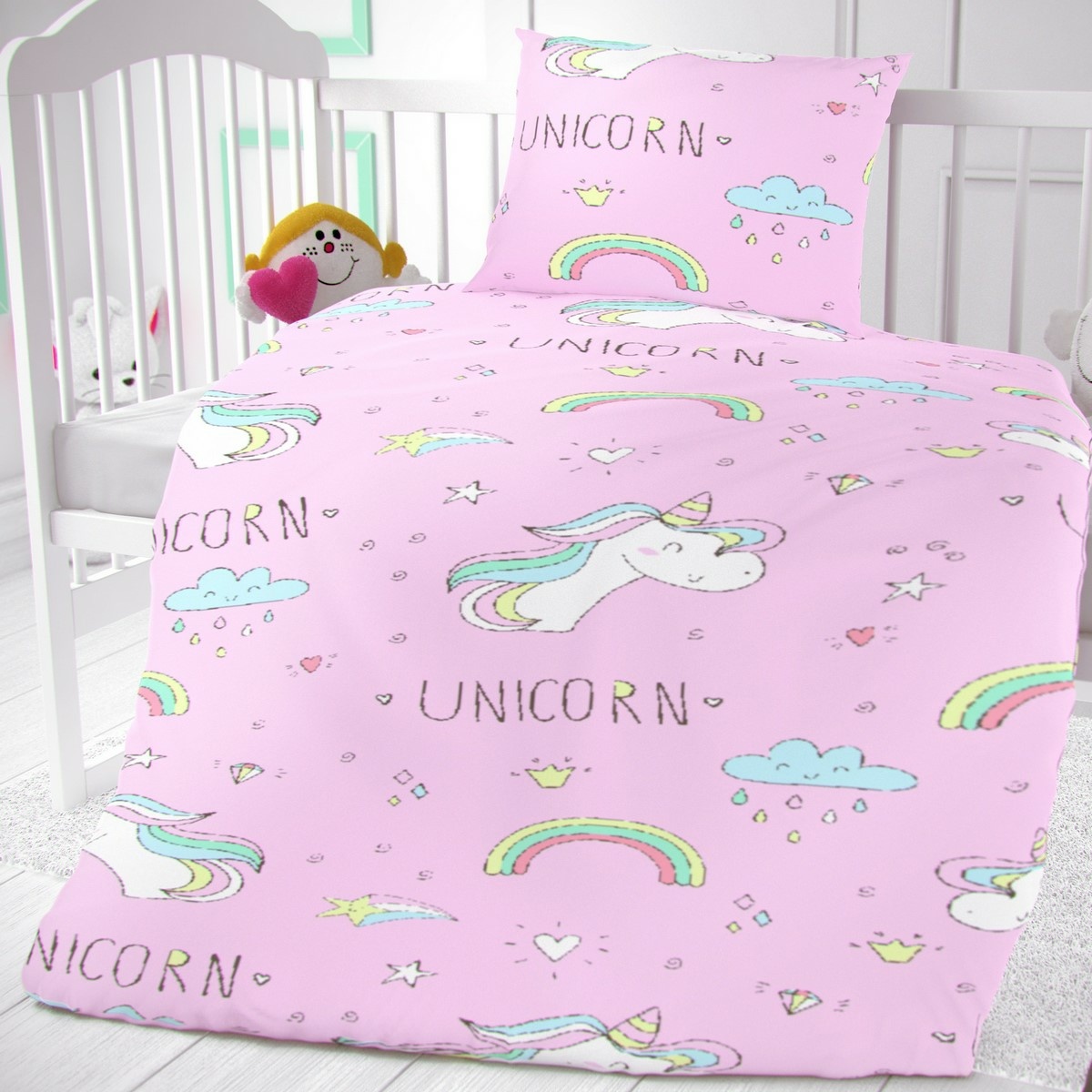 Unicorn gyermek pamut ágyneműhuzat kiságyba, 90 x 135 cm, 45 x 60 cm