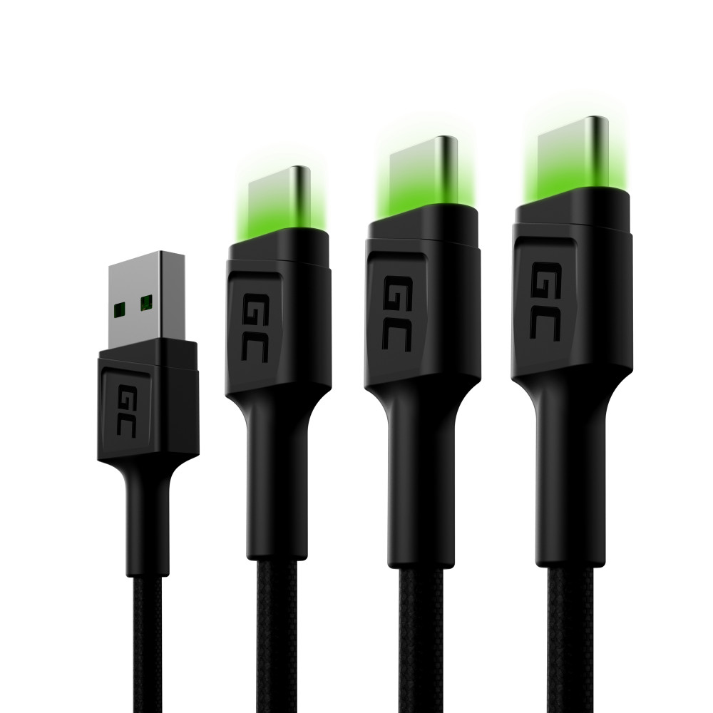 Szett, 3x GC Ray USB-C 200 cm-es USB kábel zöld LED háttérvilágítással, Ultra Charge, QC 3.0 gyorstöltéssel KABGCSET03