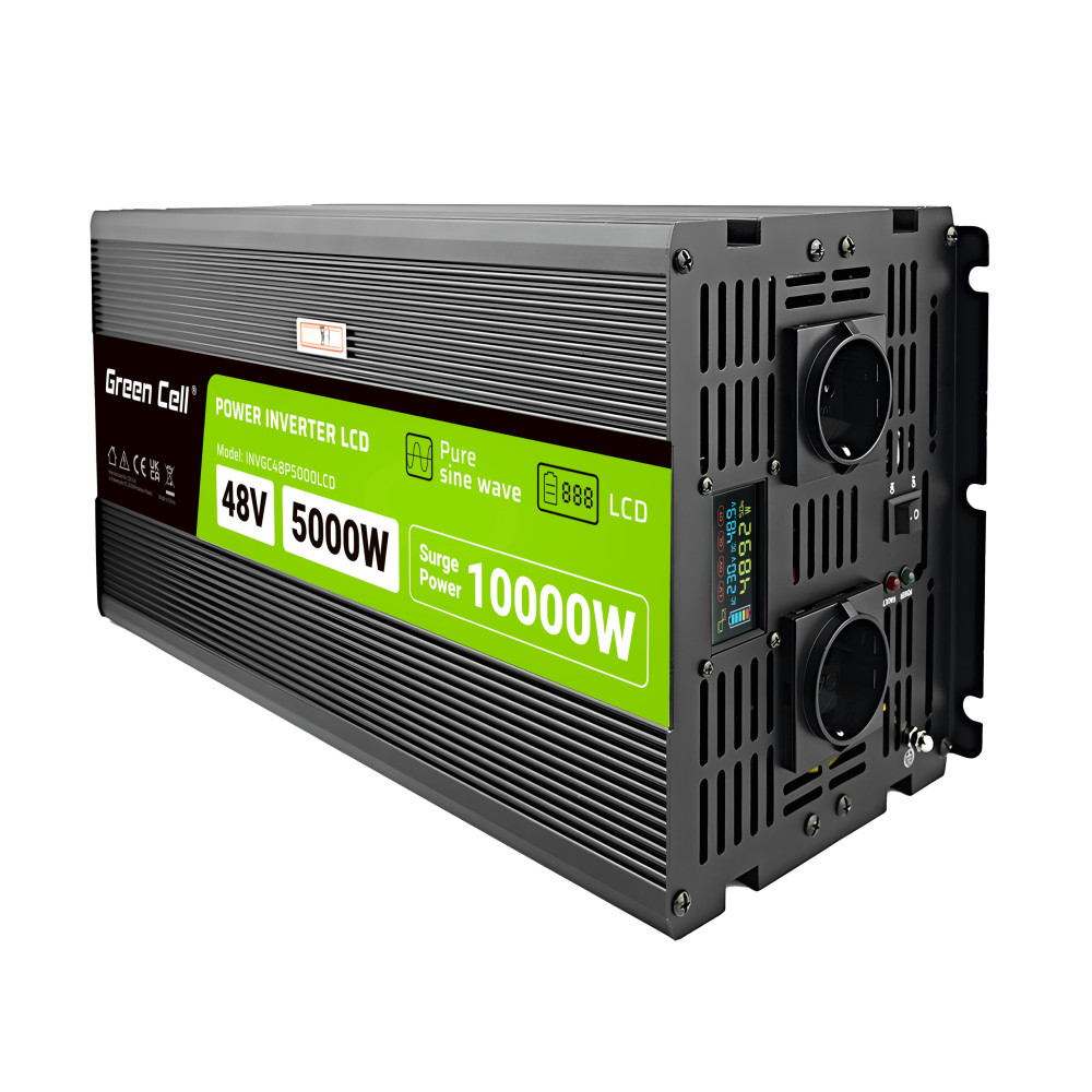 Green Cell Autós Inverter 48V-ról 230V-ra (feszültség növelő) 5000W/10000W Tiszta szinuszhullám INVGC48P5000LCD napelemes rendszerekhez