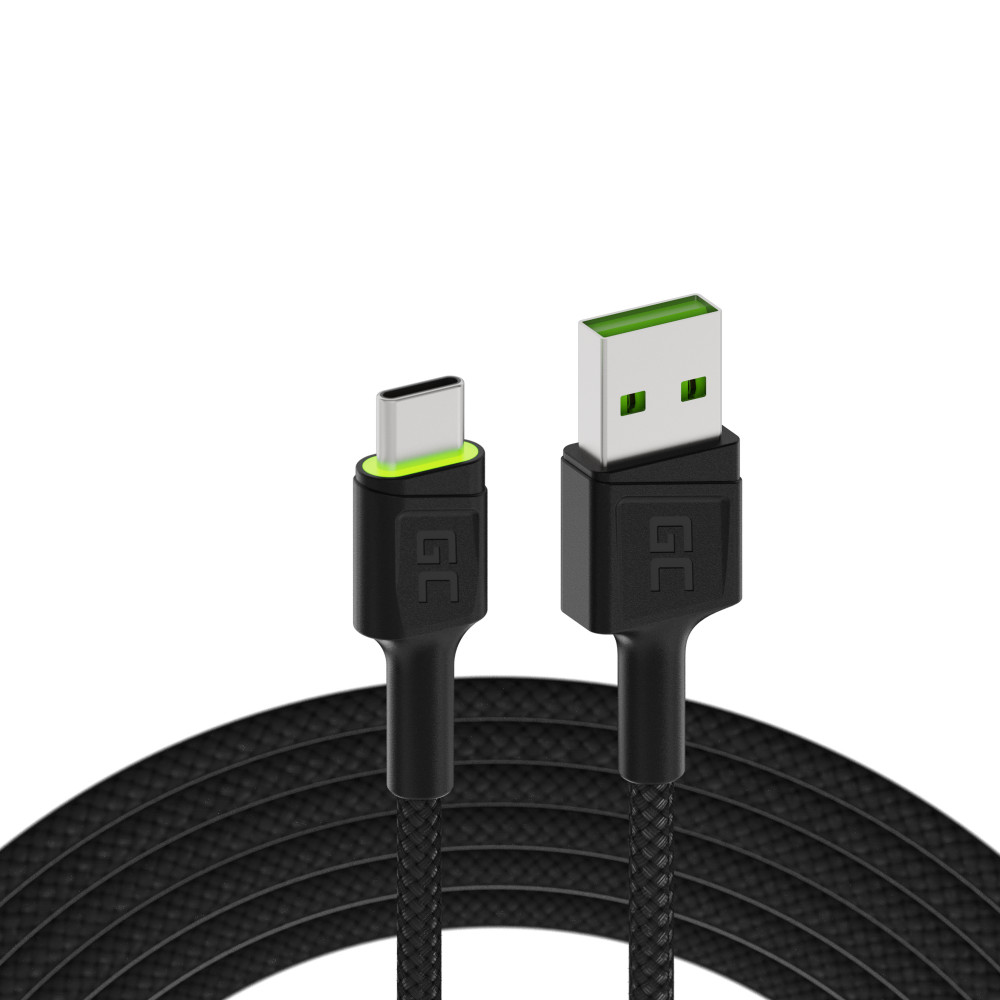 Kábel Ray USB Kábel - USB-C 120cm zöld LED világítással és gyors töltés Ultra Charge, QC 3.0 támogatással KABGC06