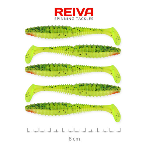 Reiva Zander Power Shad 8cm 5db/cs (Zöld-Narancs Flitter) 