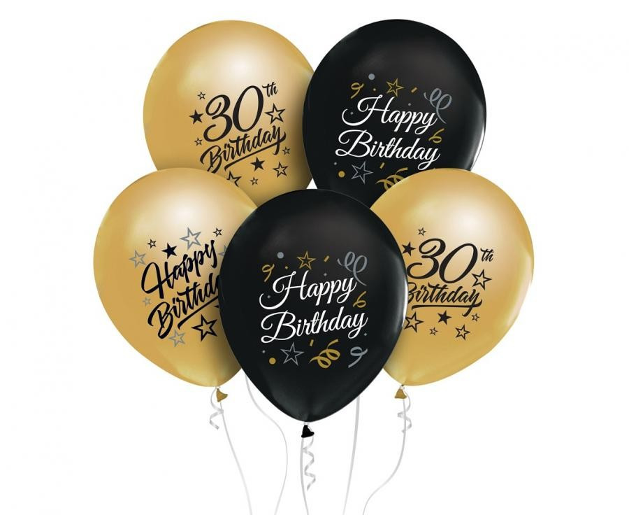 Színes Happy Birthday 30 Gold-Black léggömb, lufi 5 db-os 12 inch (30 cm)
