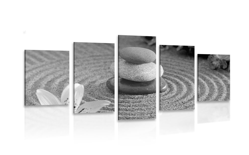 5-részes kép Zen kövek homokban fekete fehérben