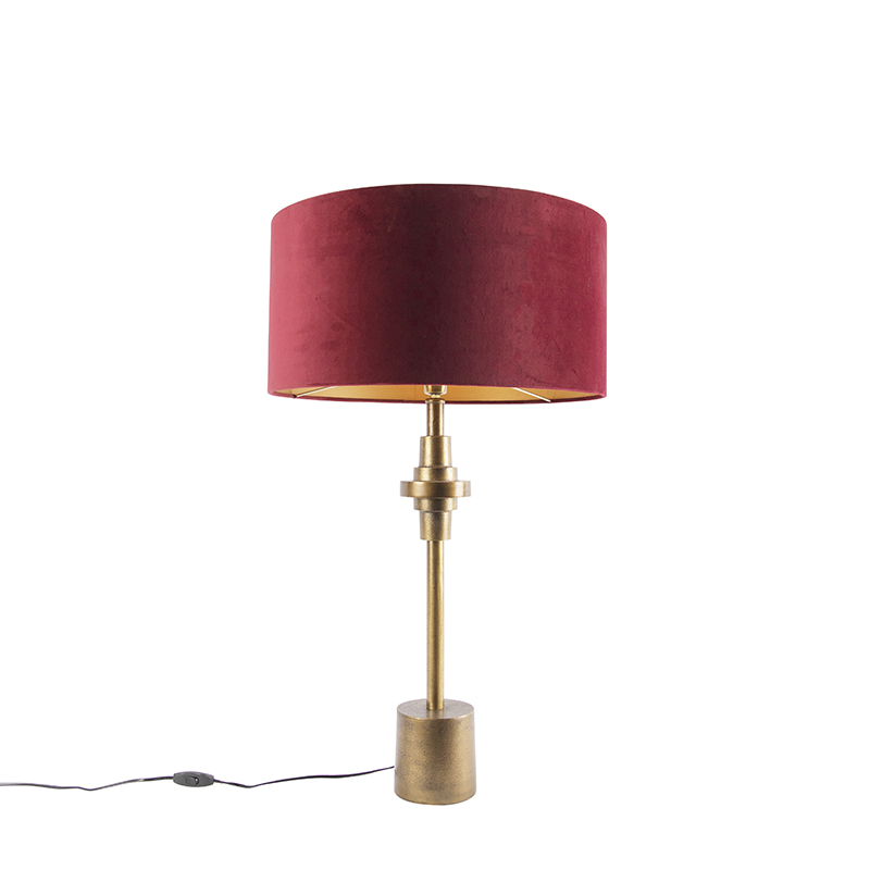 Art Deco asztali lámpa bronz bársony árnyalatú vörös 50 cm - Diverso