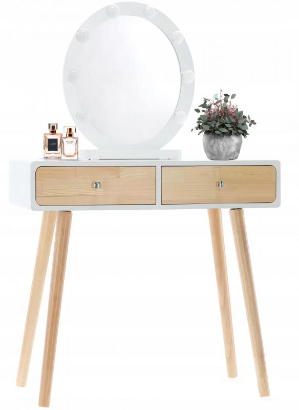Fehér fa fésülködőasztal LED-es tükörrel és zsámollyal